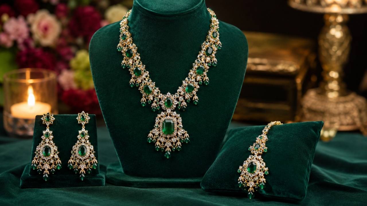 Daivik Imitation Emerald Jewellery Set – Elegant Green Stone Design